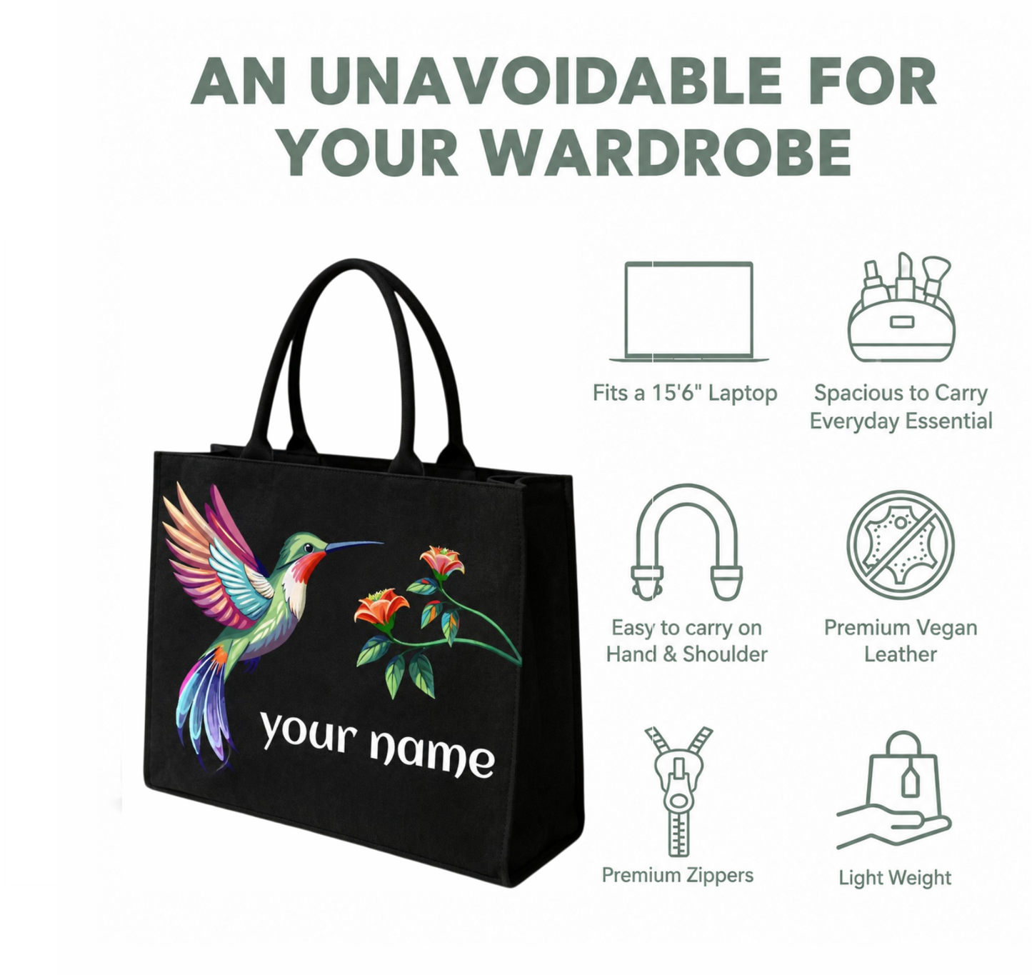 Customized Hummingbird Tote Bag for Women |In Valtro Personalized Premium Black Handbag with Name