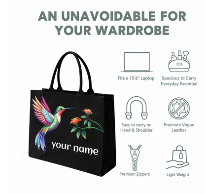 Customized Hummingbird Tote Bag for Women |In Valtro Personalized Premium Black Handbag with Name