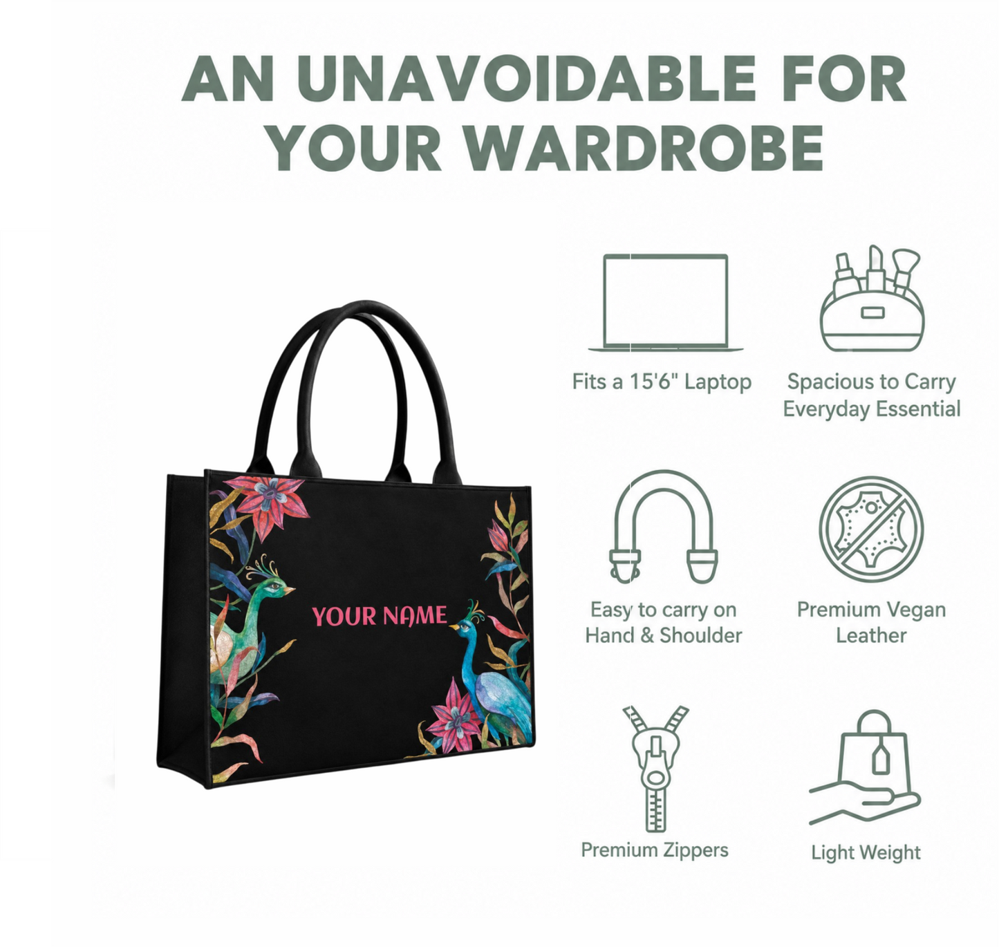 Personalized Peacock Floral Tote Bag for Women