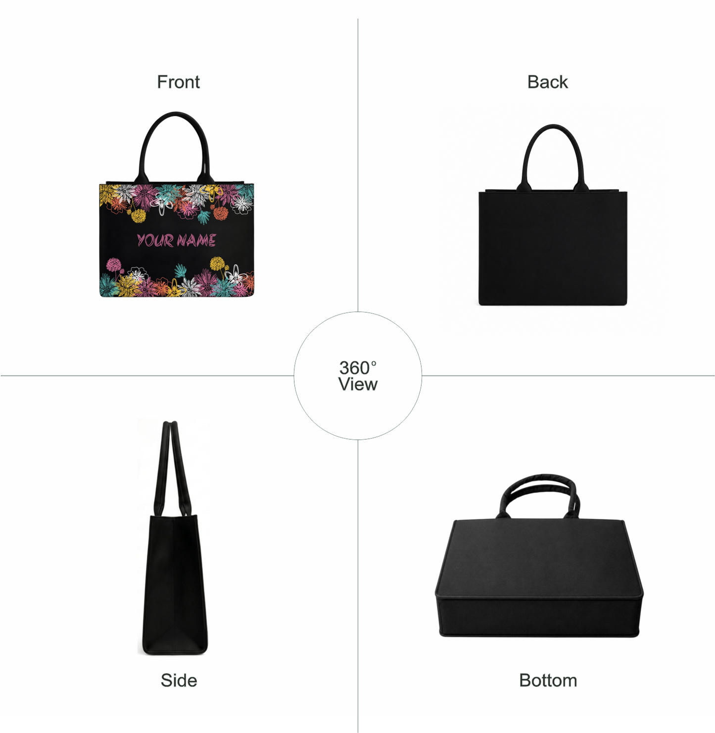 Personalized Floral Black Tote Bag – Custom Name Gift for Women