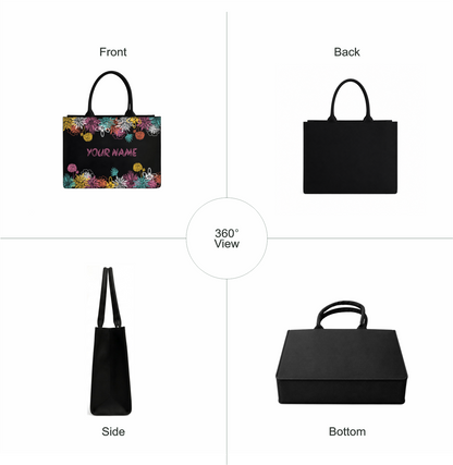 Personalized Floral Black Tote Bag – Custom Name Gift for Women