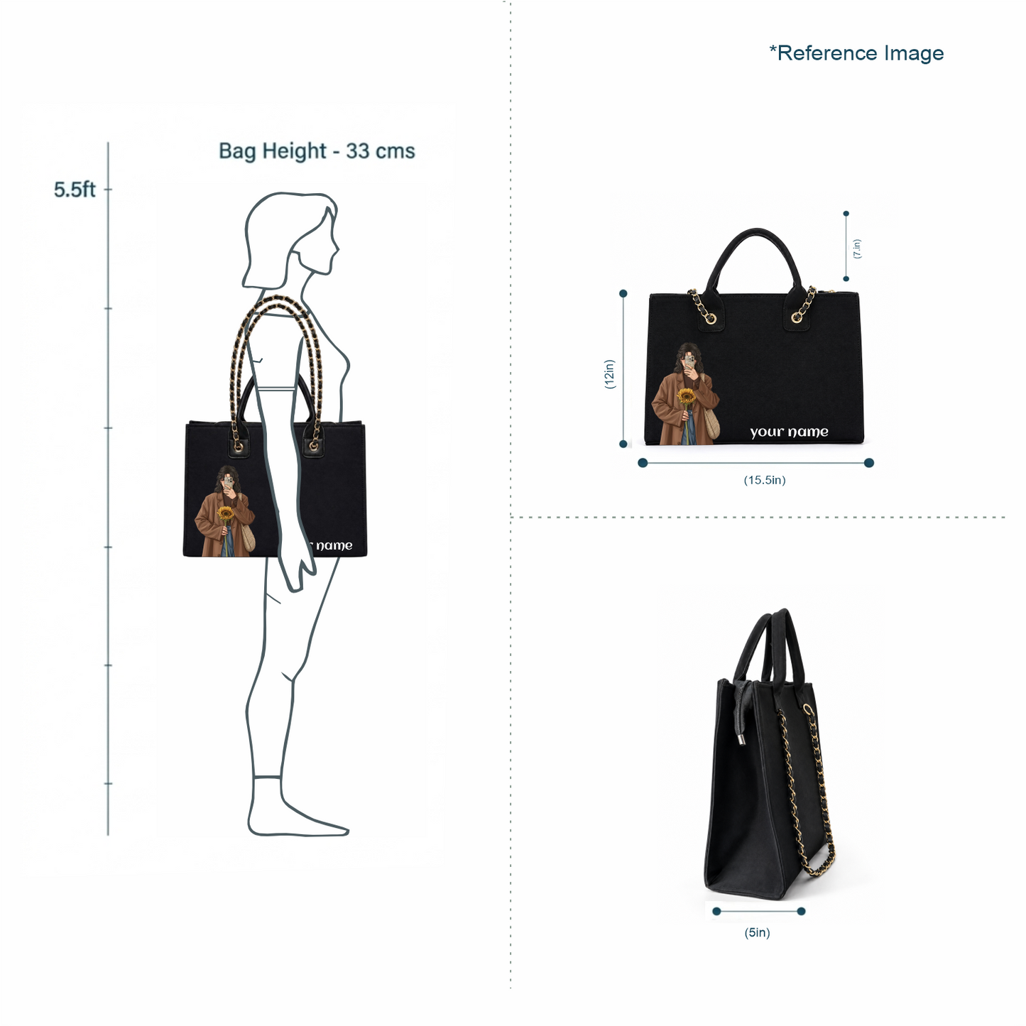 Personalized Black Canvas Laptop Tote Bag with Chain Handle