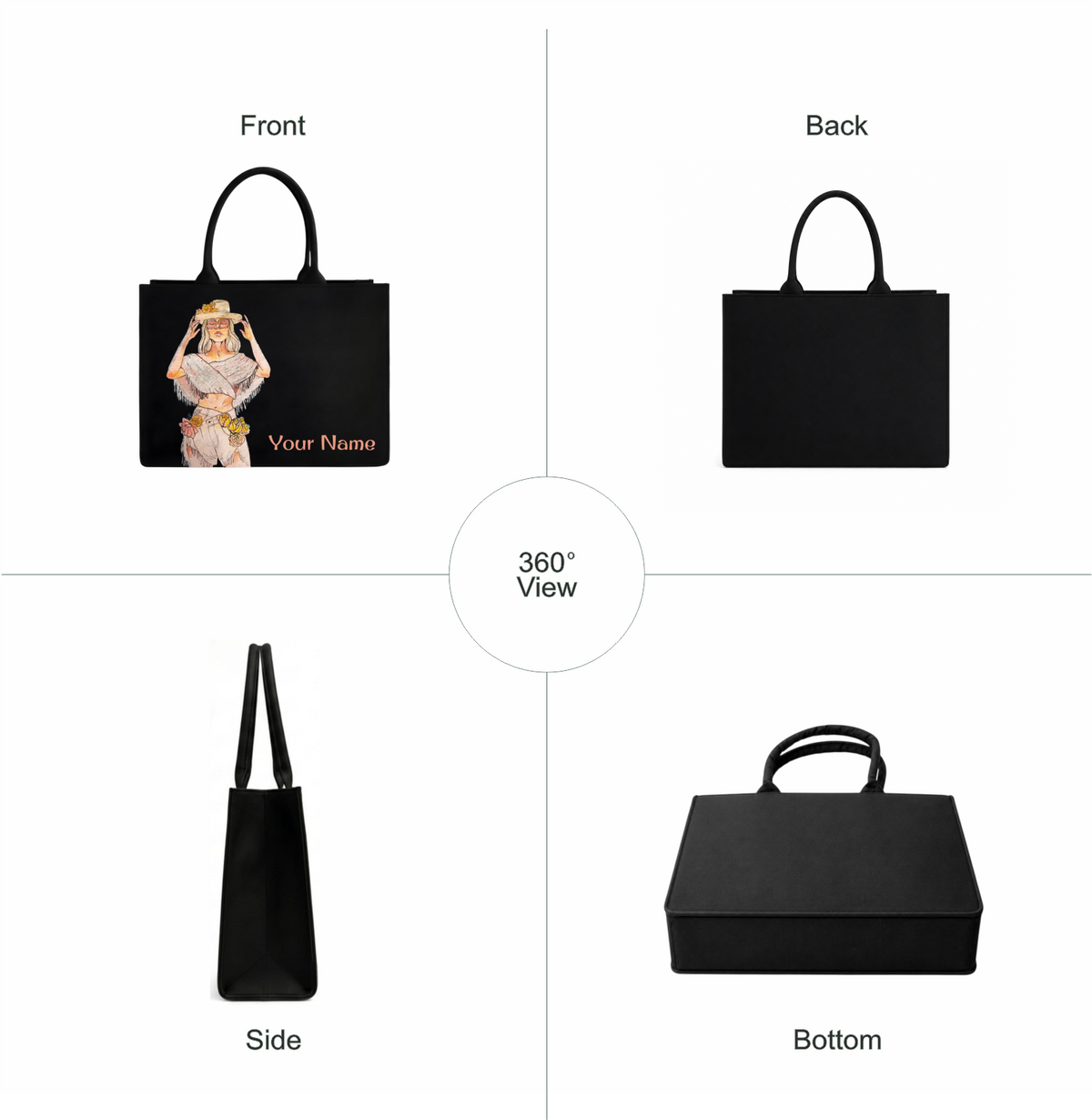 Personalized Fashion Girl Tote Bag – Custom Name DTF Printed Black Laptop Tote Bag