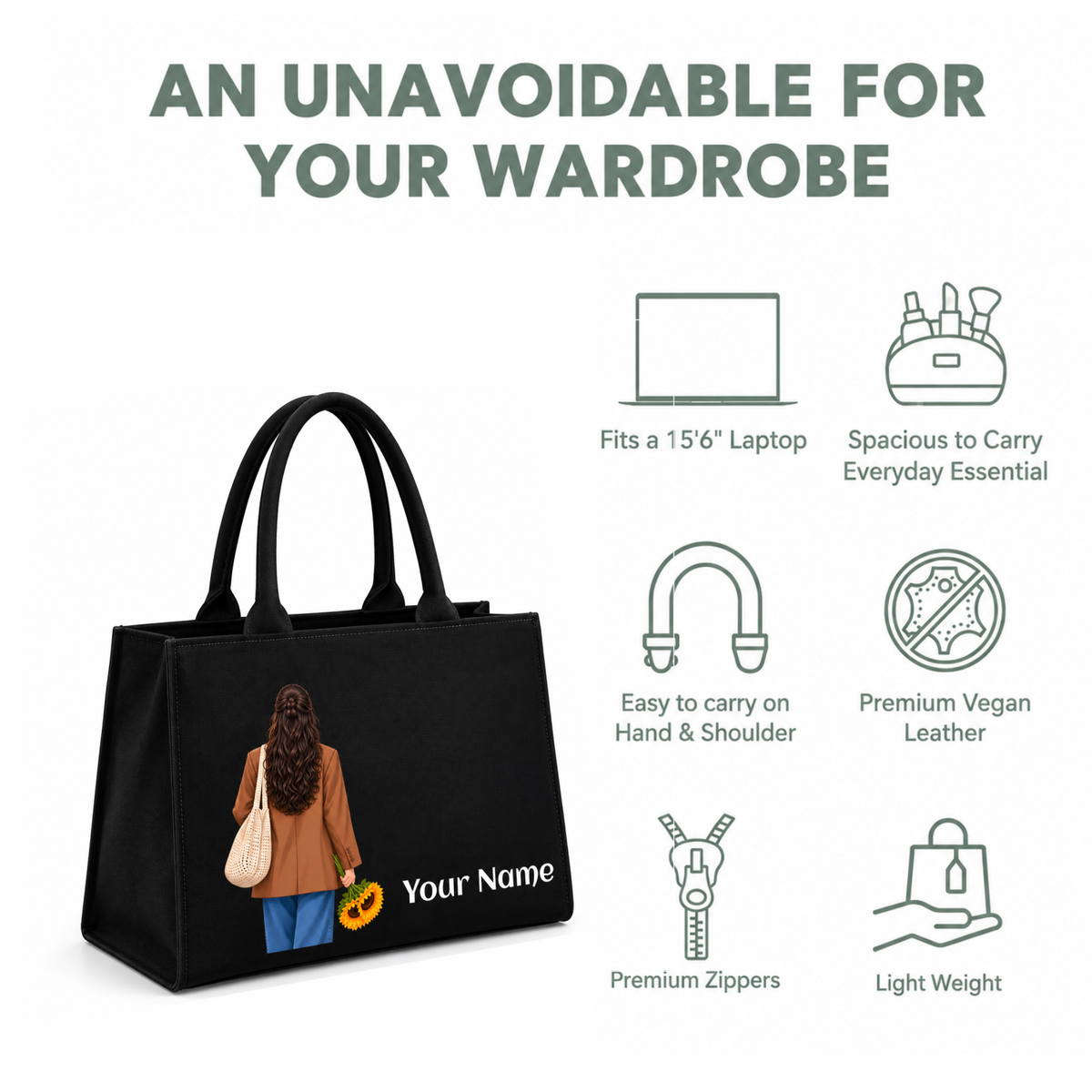 Personalized Black Canvas Tote Bag with Custom Name & Sunflower Design