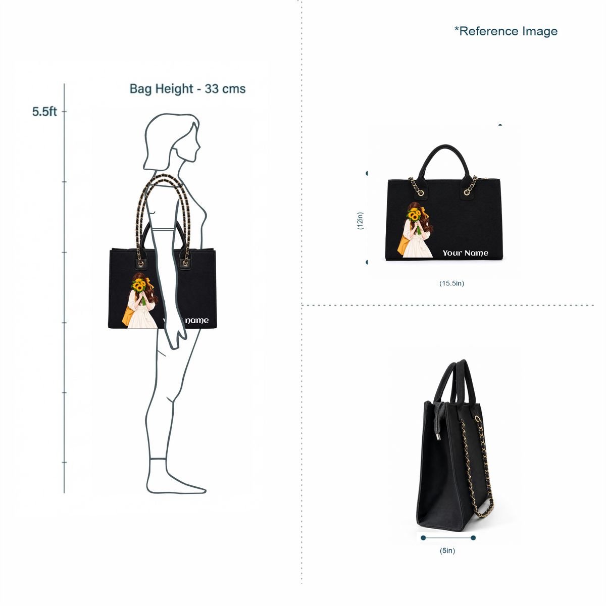 🌻 Personalized Black Sunflower Girl Canvas Tote Bag