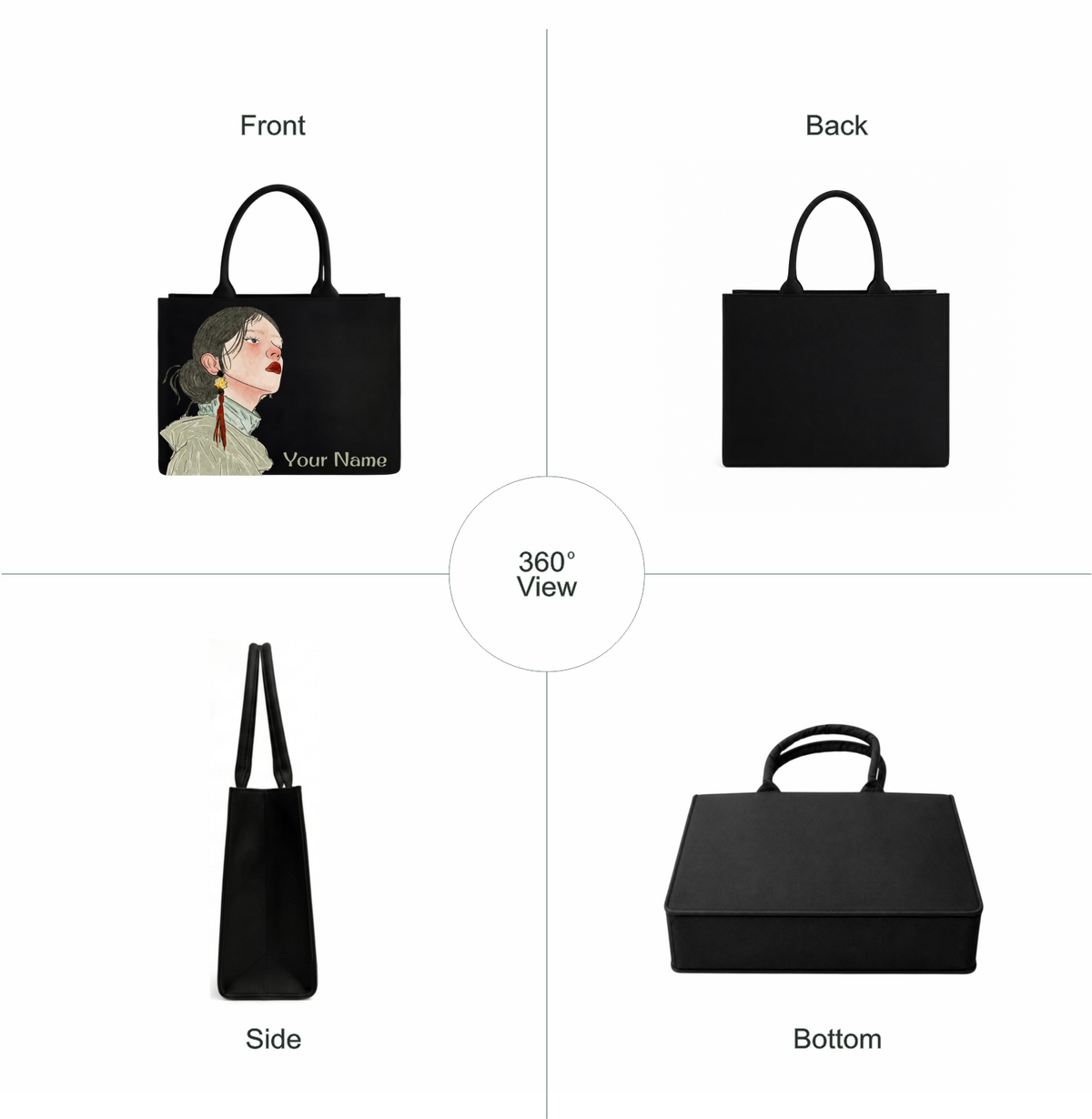 Personalized Women’s Portrait Tote Bag – Custom Name DTF Printed Black Laptop Tote Bag