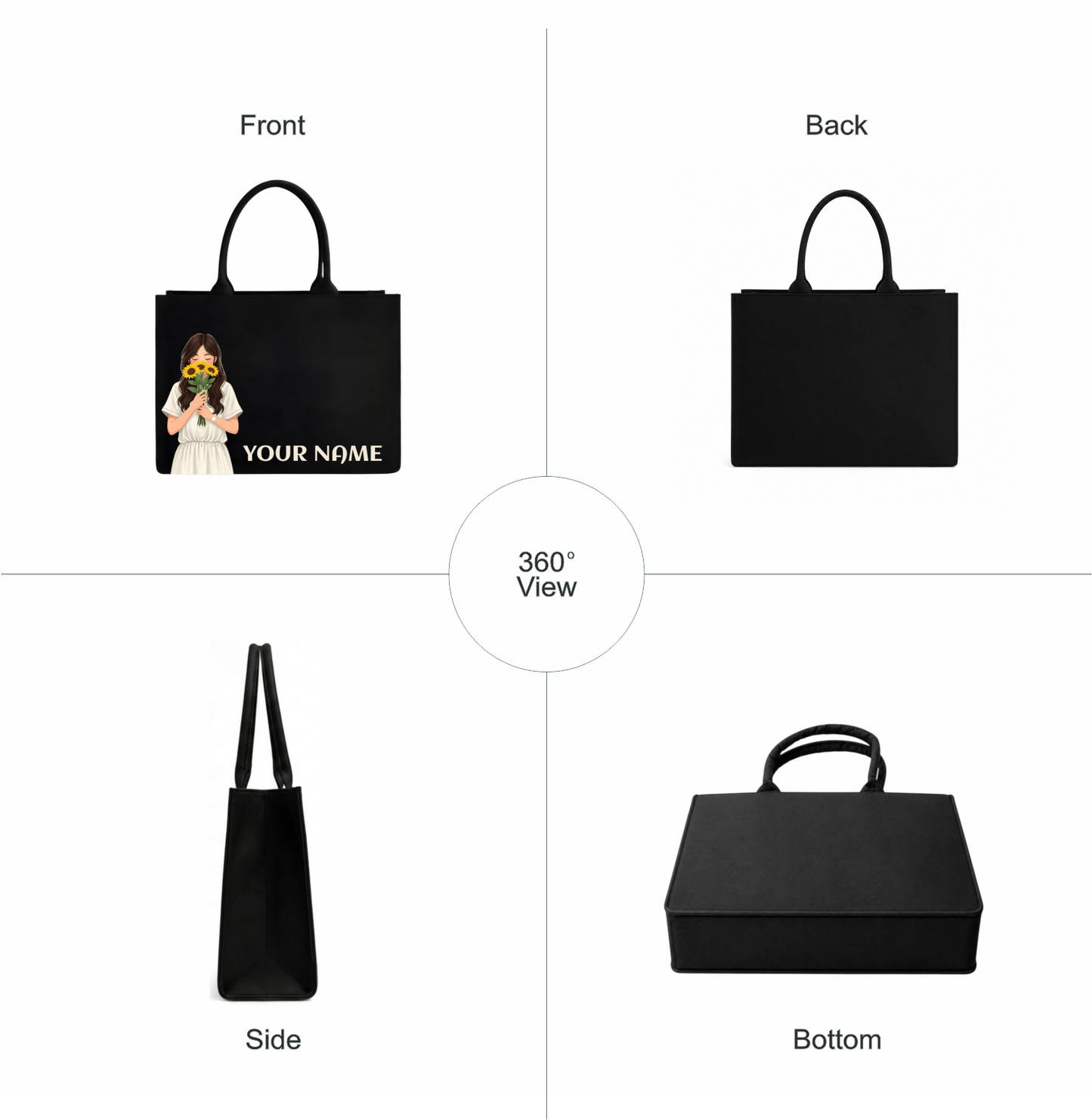Personalized Women's Black Tote Bag with Custom Name & Girl Print