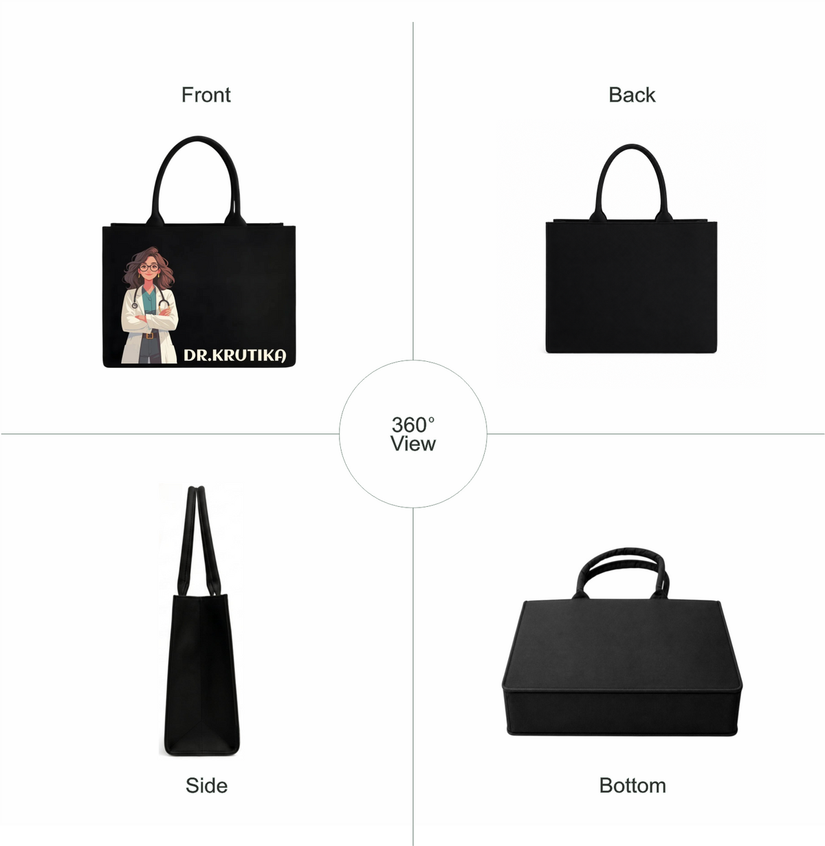 Personalized Doctor Name & Photo Printed Black Laptop Tote Bag – Custom DTF Printed Work & Office Bag