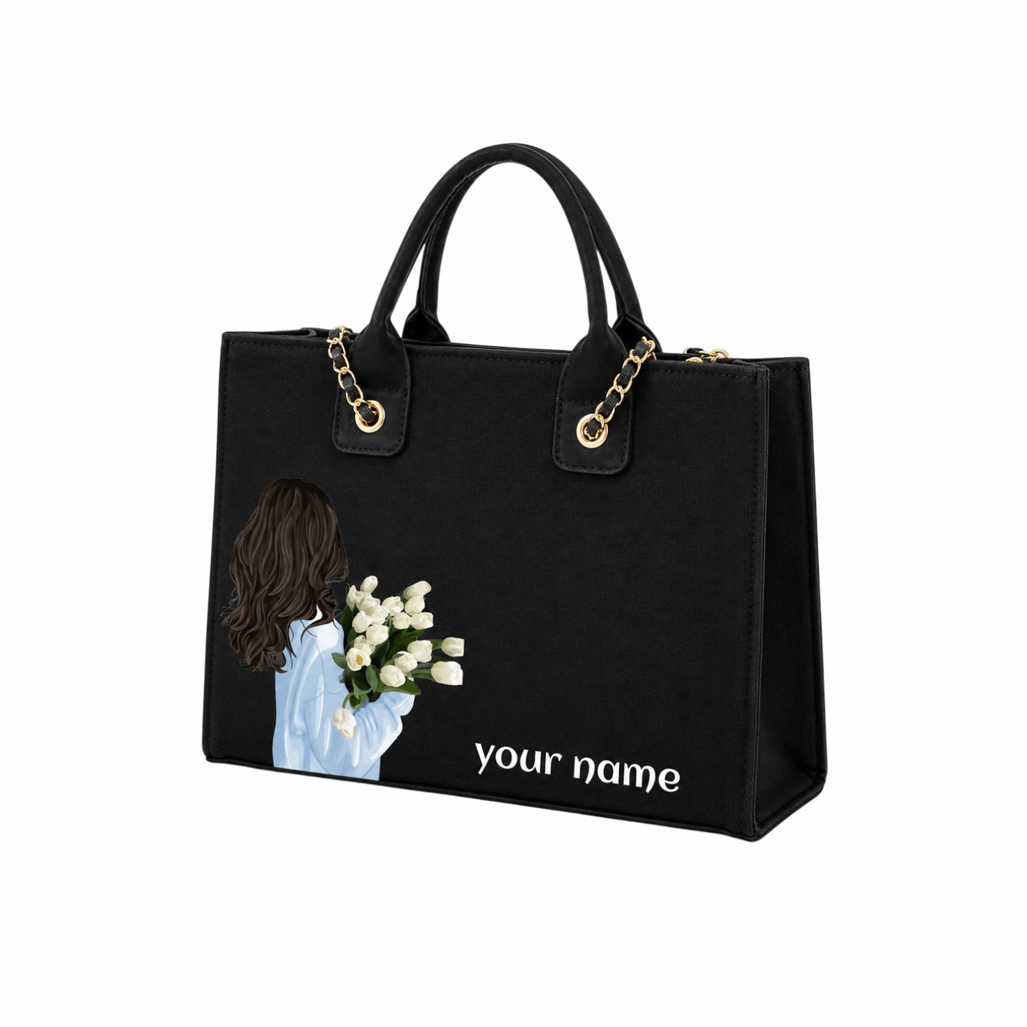 Personalized Black Floral Tote Bag – Custom Name Handbag for Women