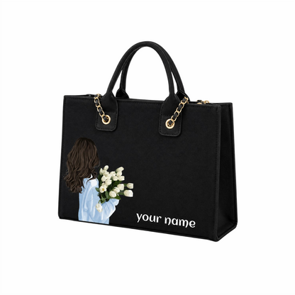 Personalized Black Floral Tote Bag – Custom Name Handbag for Women
