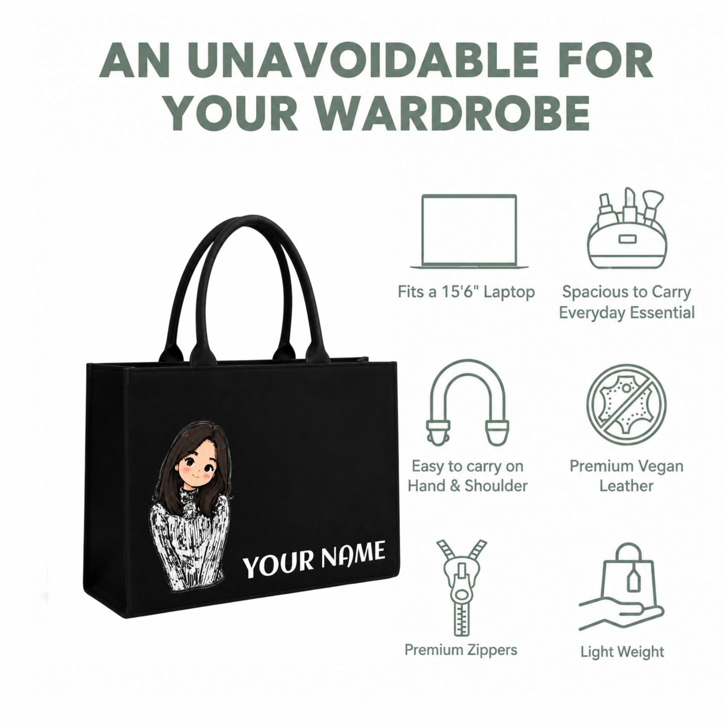 Personalized Cute Girl Name Black Canvas Tote Bag | Custom Aesthetic Shoulder Bag for Women