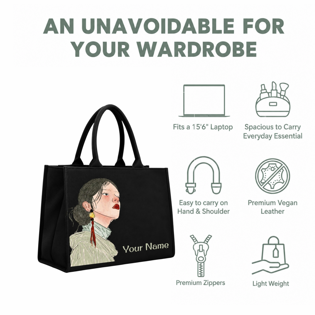 Personalized Women’s Portrait Tote Bag – Custom Name DTF Printed Black Laptop Tote Bag