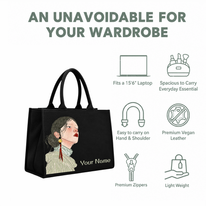 Personalized Women’s Portrait Tote Bag – Custom Name DTF Printed Black Laptop Tote Bag