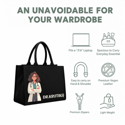 Personalized Doctor Name & Photo Printed Black Laptop Tote Bag – Custom DTF Printed Work & Office Bag