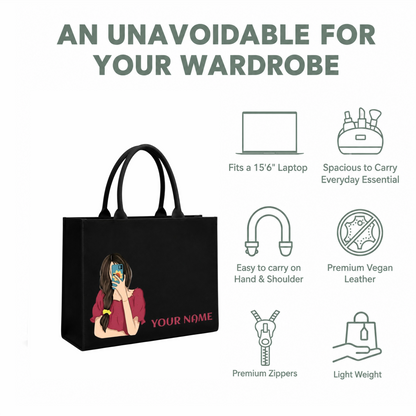Personalized Selfie Girl Name Black Canvas Tote Bag | Custom Cute Shoulder Bag for Women & Girls
