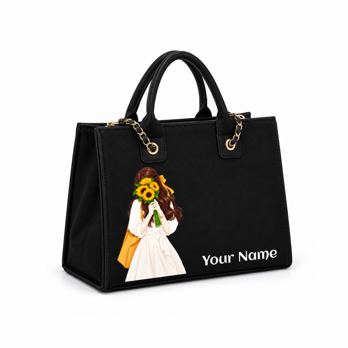 🌻 Personalized Black Sunflower Girl Canvas Tote Bag