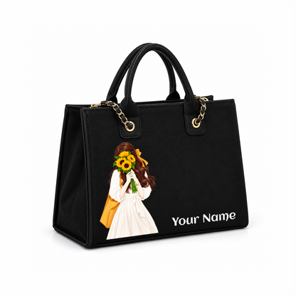 🌻 Personalized Black Sunflower Girl Canvas Tote Bag