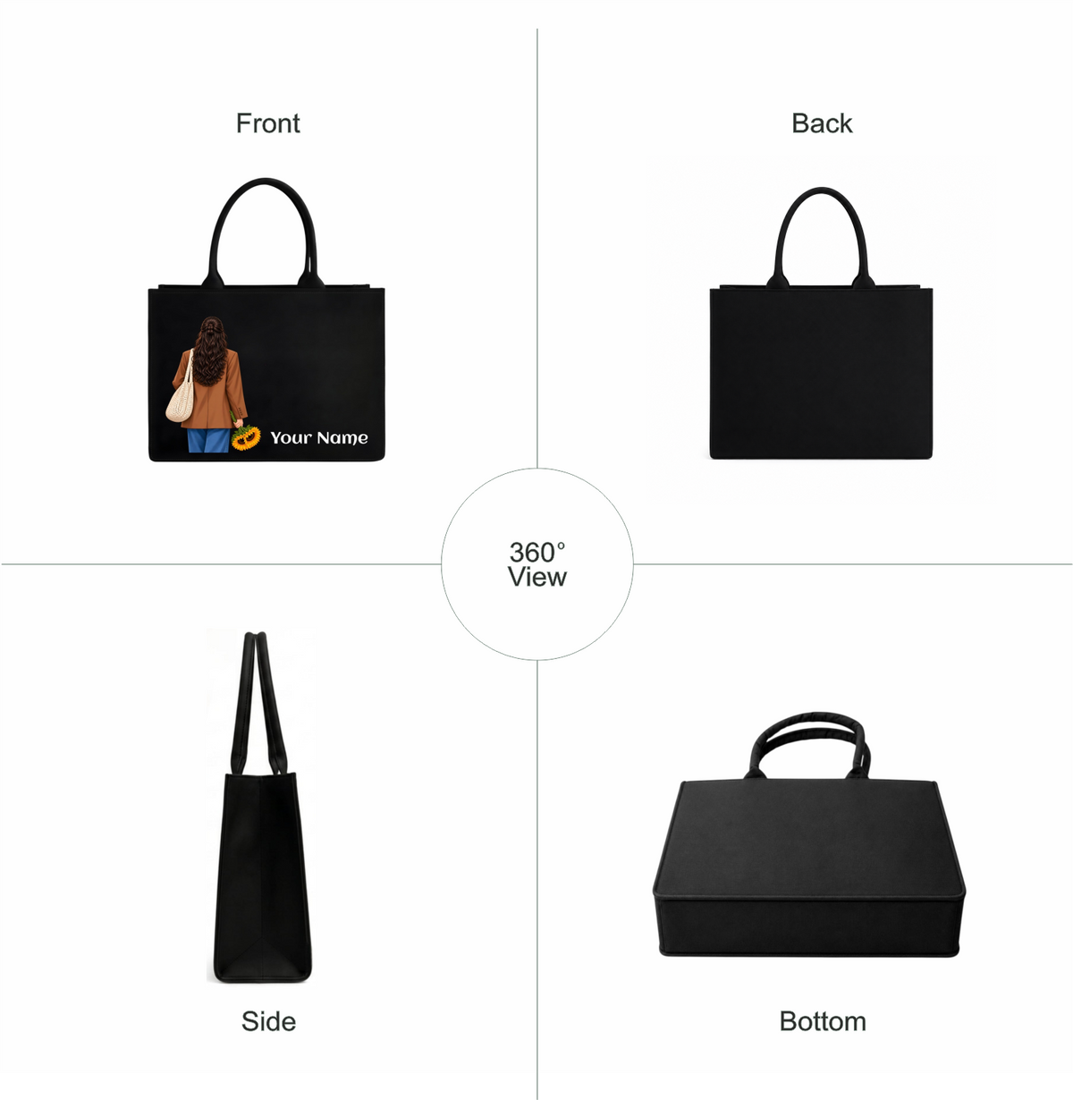 Personalized Black Canvas Tote Bag with Custom Name & Sunflower Design