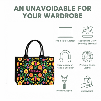 Personalized Folk Floral Tote Bag – Custom Name Ethnic Handbag with Vibrant Boho Print