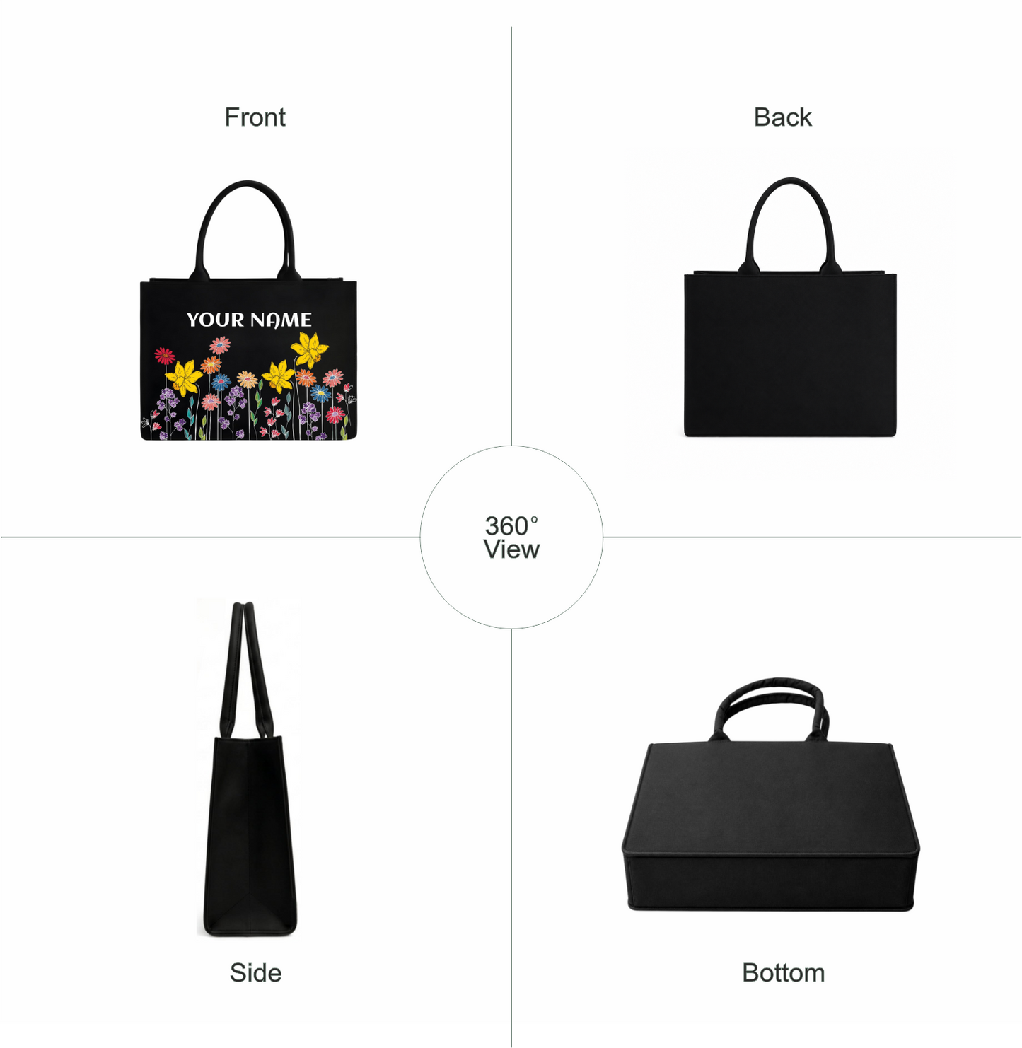 Personalized Floral Name Tote Bag for Women – Premium Black Vegan Leather Shoulder Tote