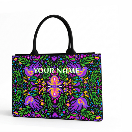 Personalized Purple Folk Art Floral Tote Bag – Custom Name Everyday Handbag