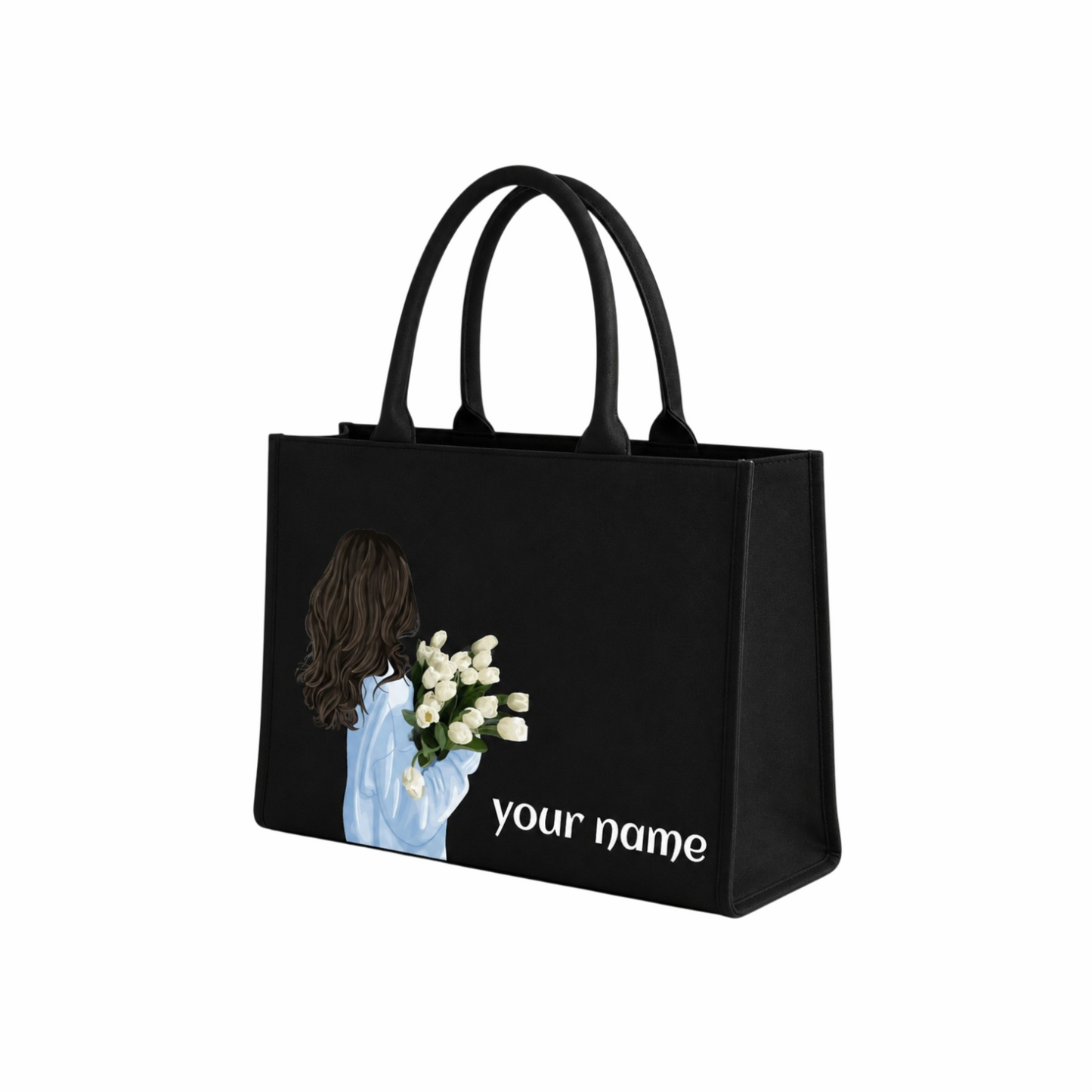 Personalized Black Floral Tote Bag – Custom Name Laptop Handbag
