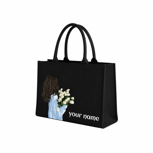 Personalized Black Floral Tote Bag – Custom Name Laptop Handbag