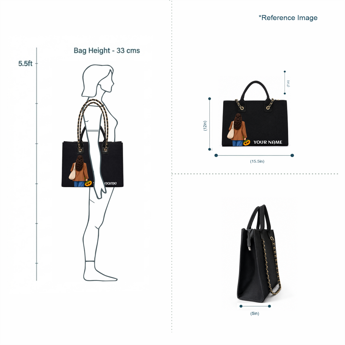 IN VALTRO – Personalized Black Laptop Tote Bag with Gold Chain Handles