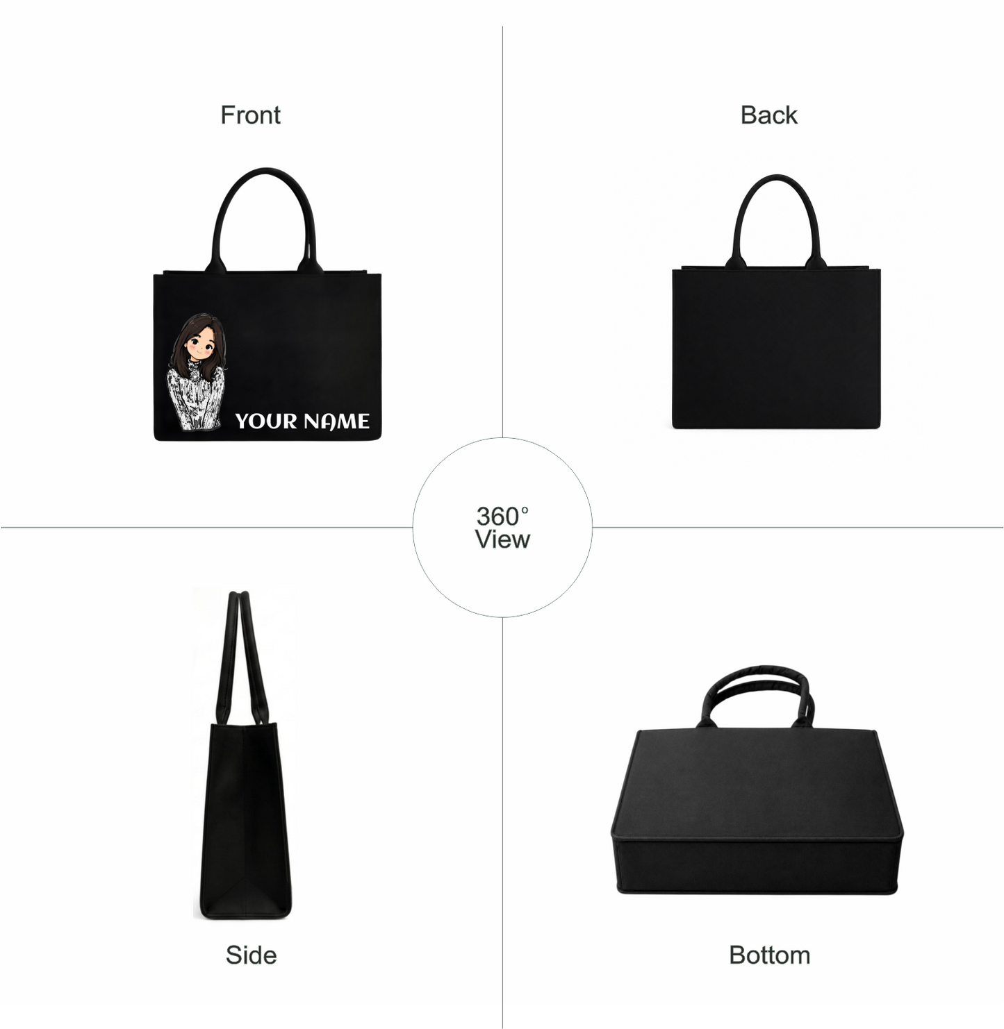 Personalized Cute Girl Name Black Canvas Tote Bag | Custom Aesthetic Shoulder Bag for Women