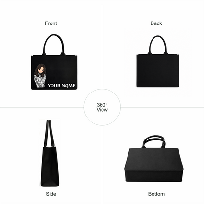 Personalized Cute Girl Name Black Canvas Tote Bag | Custom Aesthetic Shoulder Bag for Women