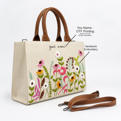 Personalized Floral Embroidered Canvas Office Tote Bag