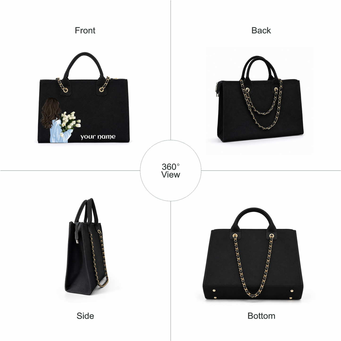Personalized Black Floral Tote Bag – Custom Name Handbag for Women