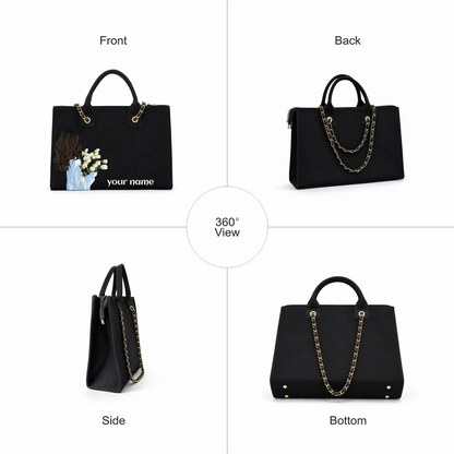 Personalized Black Floral Tote Bag – Custom Name Handbag for Women