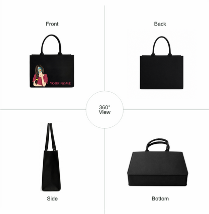 Personalized Selfie Girl Name Black Canvas Tote Bag | Custom Cute Shoulder Bag for Women & Girls