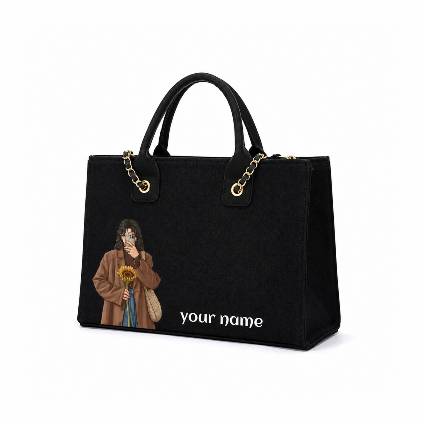 Personalized Black Canvas Laptop Tote Bag with Chain Handle