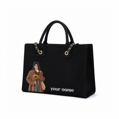 Personalized Black Canvas Laptop Tote Bag with Chain Handle