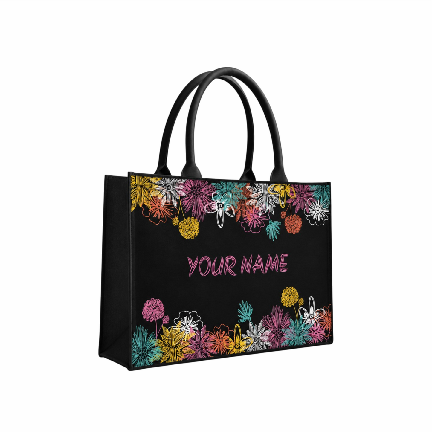Personalized Floral Black Tote Bag – Custom Name Gift for Women