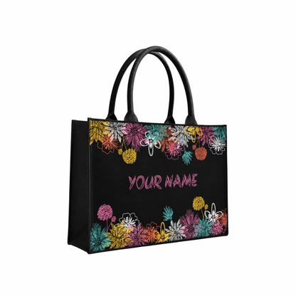 Personalized Floral Black Tote Bag – Custom Name Gift for Women