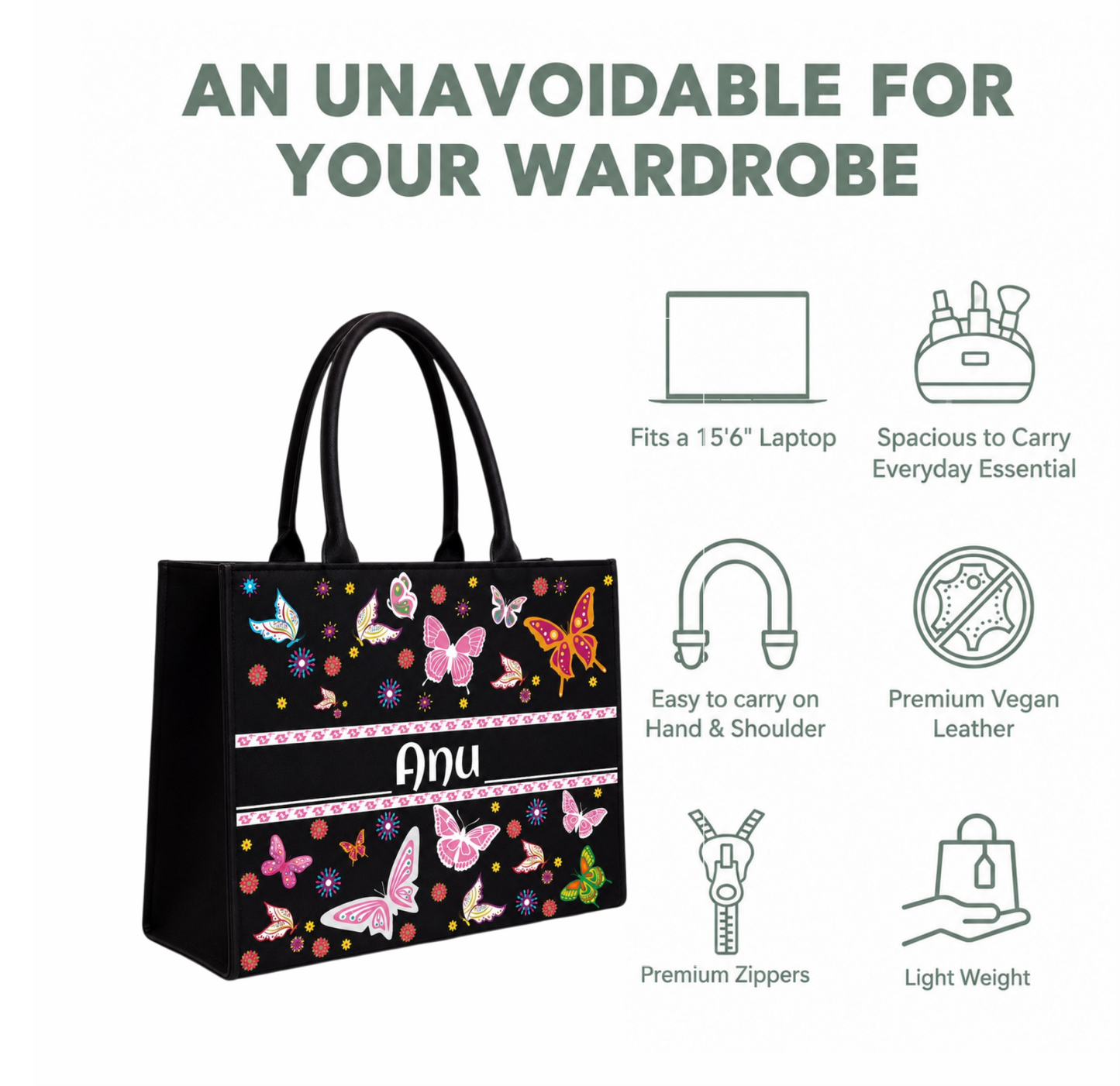 Personalized Butterfly Custom Name Tote Bag