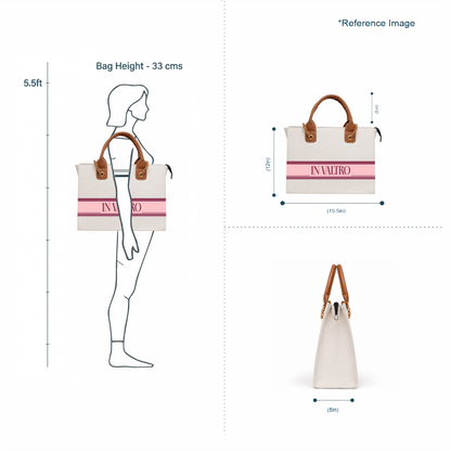 Women's personalized canvas tote bag showing size and 5 inch depth reference