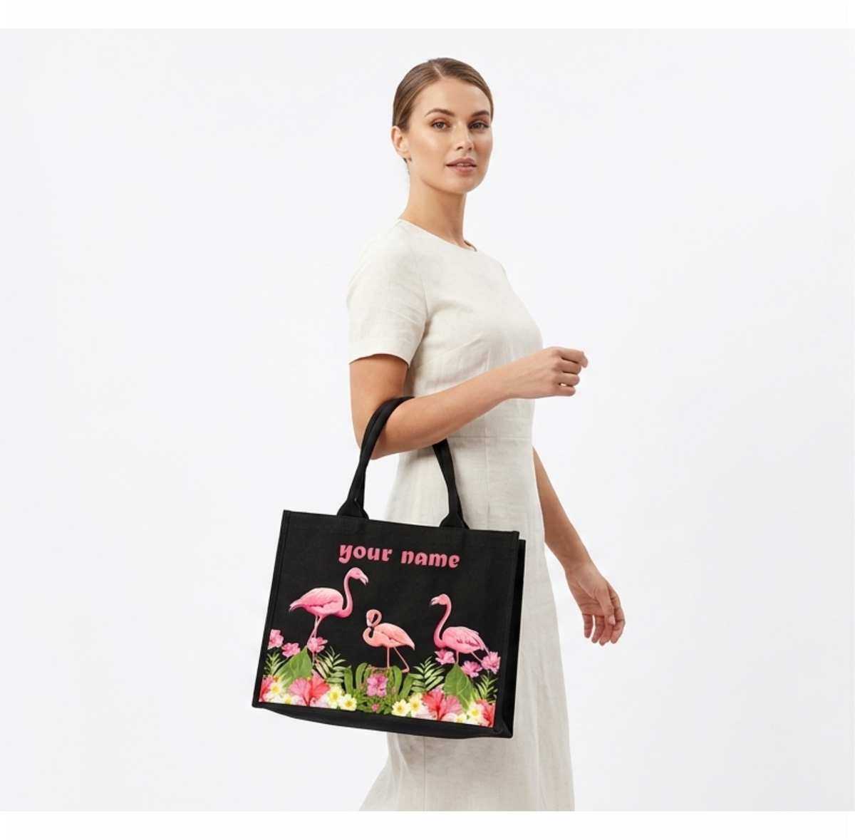 Personalized In Valtro Flamingo Print Tote Bag for Women | Spacious Black canvas matty Handbag