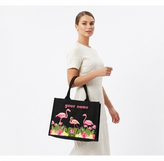 Personalized In Valtro Flamingo Print Tote Bag for Women | Spacious Black canvas matty Handbag