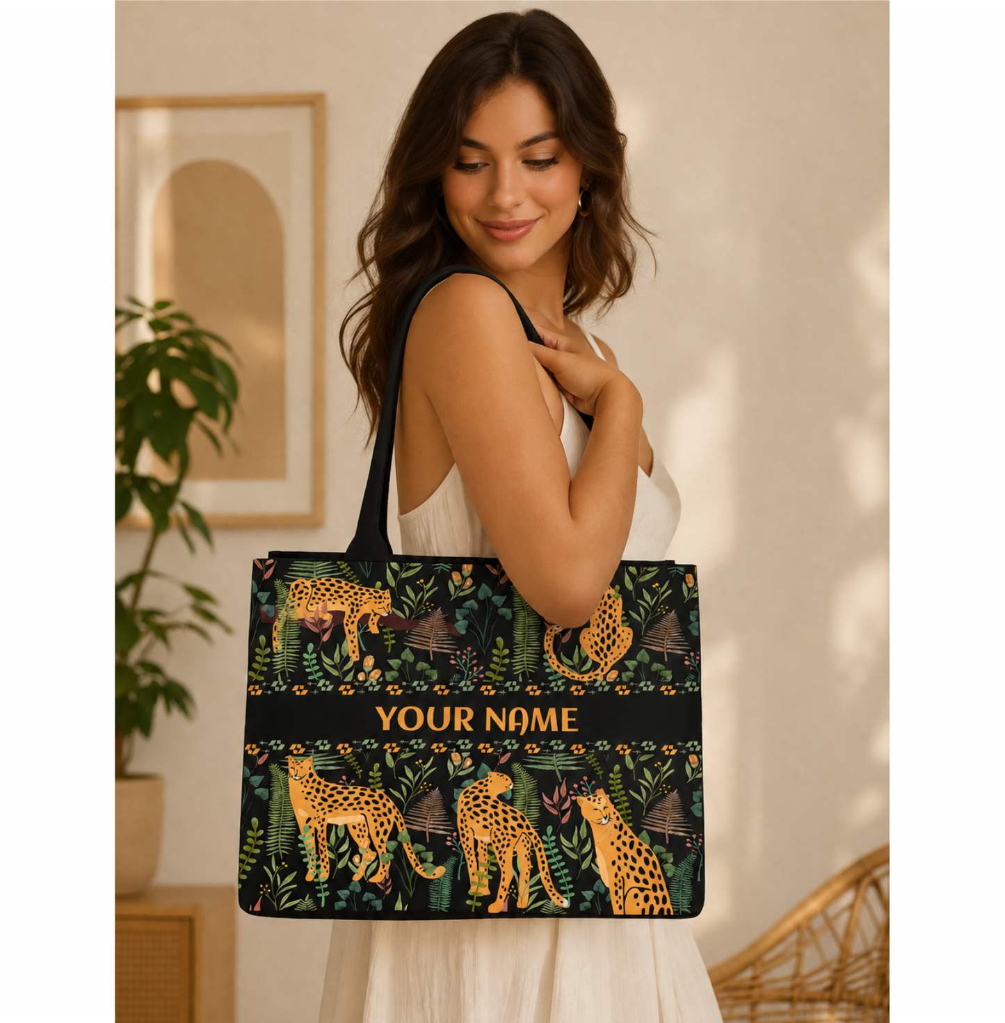 Personalized Leopard Jungle Print Women's Tote Bag with Custom Name