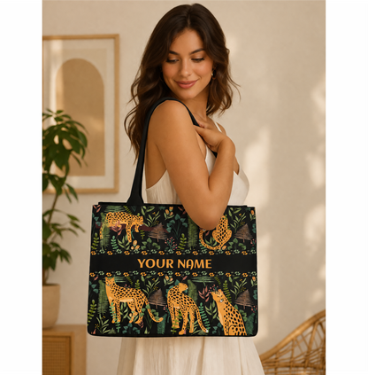Personalized Leopard Jungle Print Women's Tote Bag with Custom Name