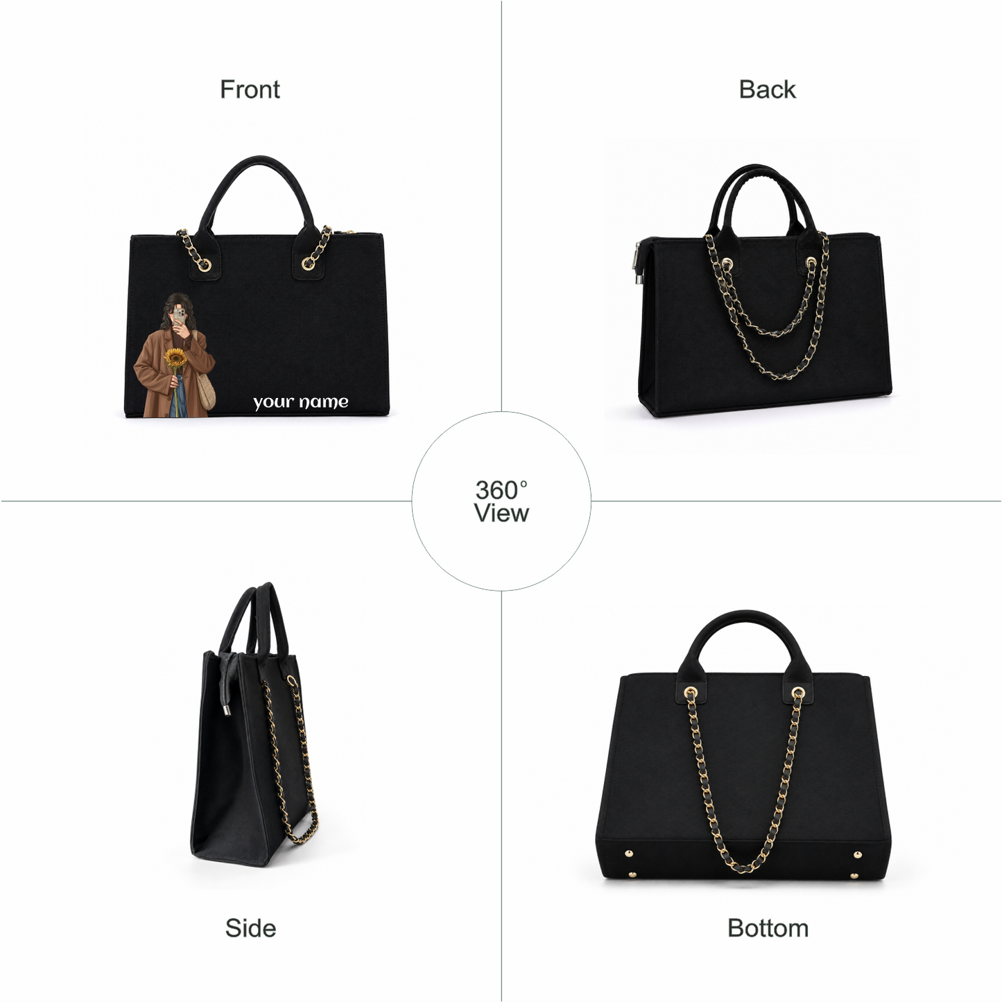 Personalized Black Canvas Laptop Tote Bag with Chain Handle
