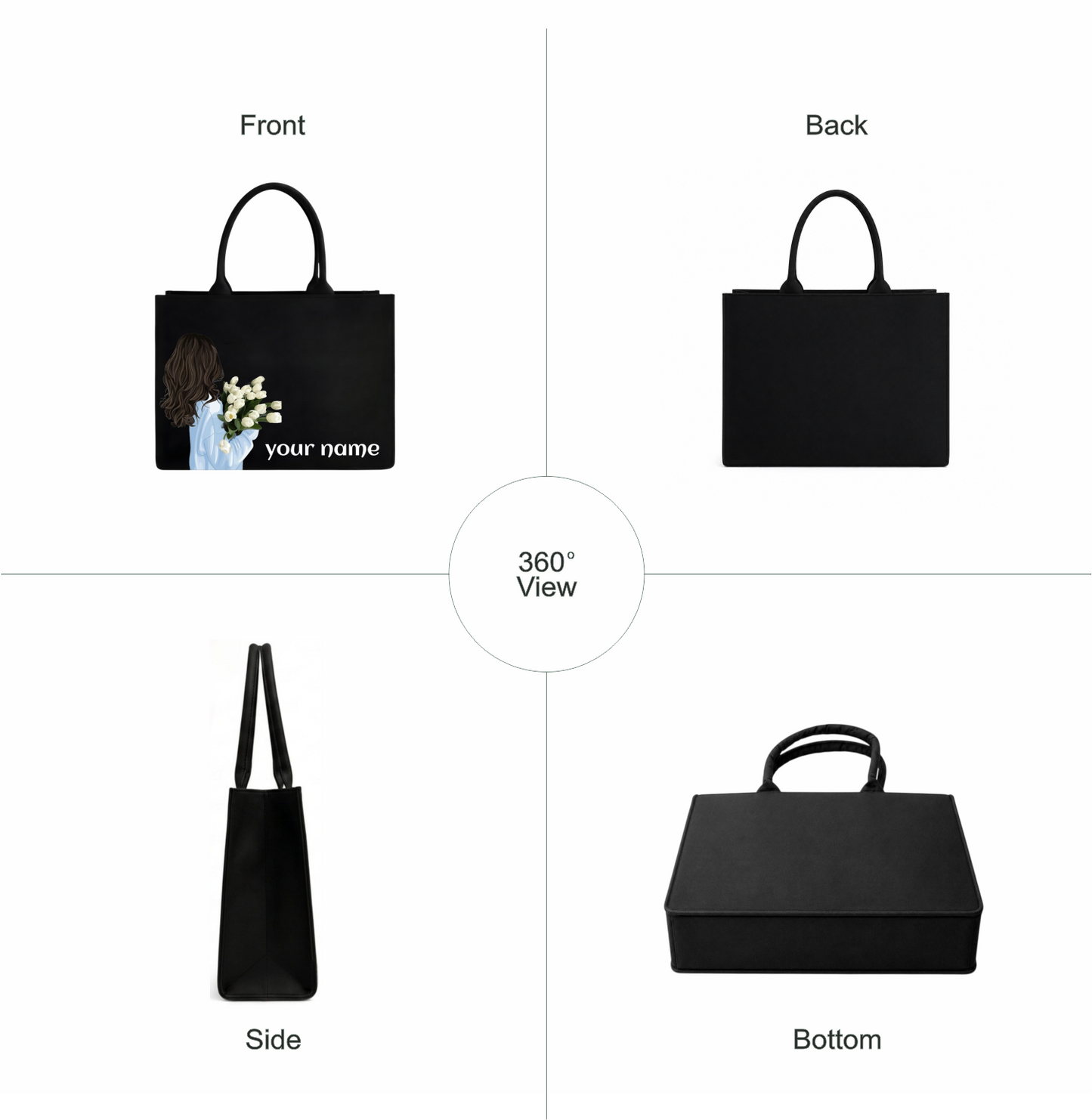Personalized Black Floral Tote Bag – Custom Name Laptop Handbag