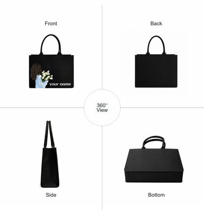 Personalized Black Floral Tote Bag – Custom Name Laptop Handbag