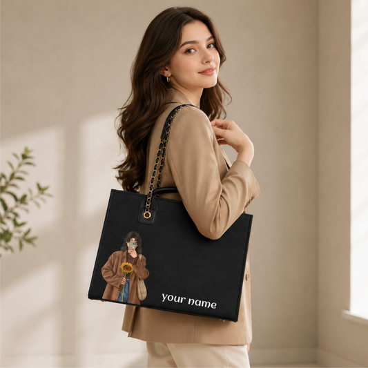 Personalized Black Canvas Laptop Tote Bag with Chain Handle