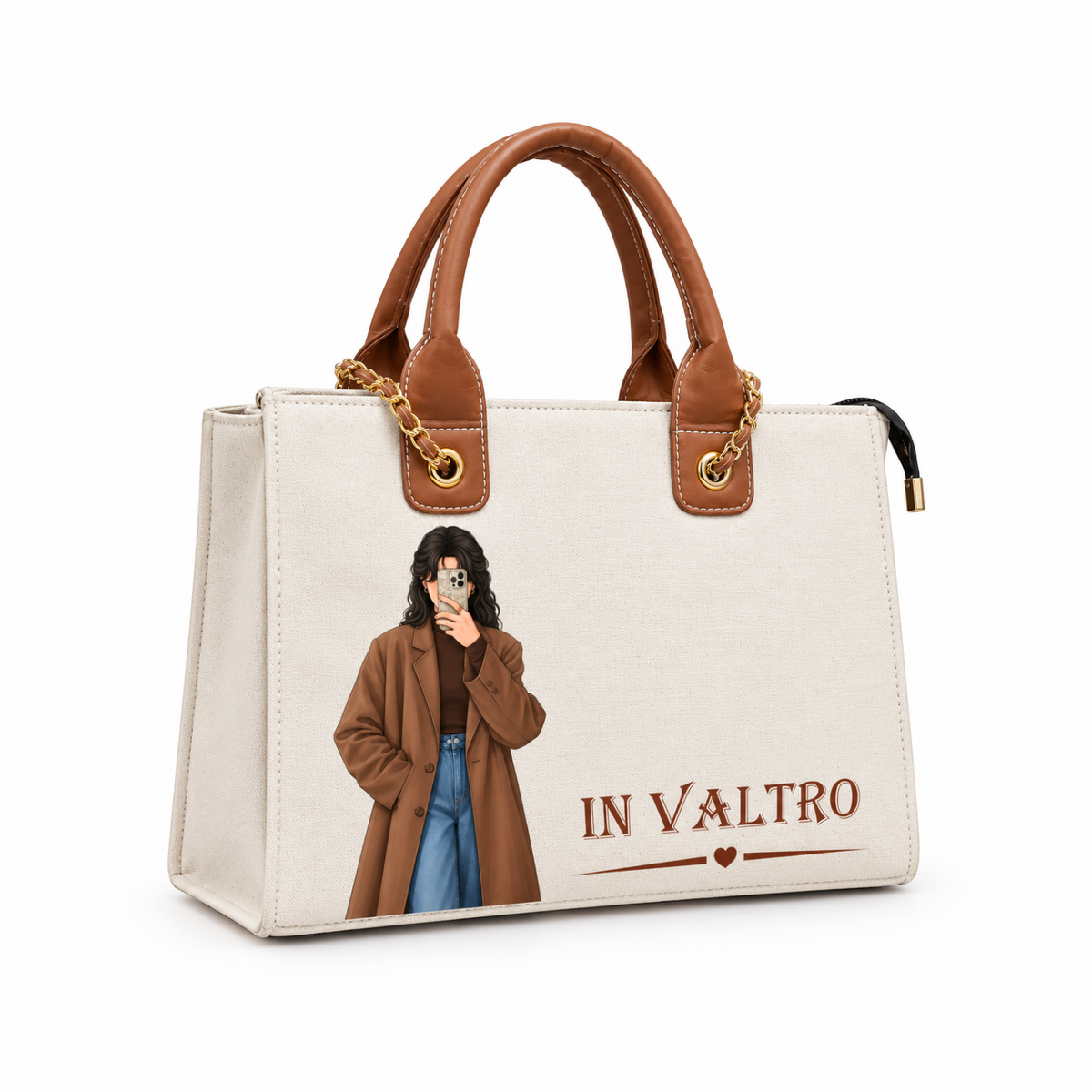 IN VALTRO Personalized Canvas Laptop Tote Bag – Brown Handles & Custom Photo Print