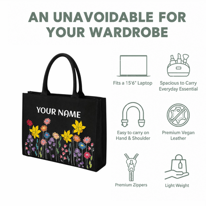 Personalized Floral Name Tote Bag for Women – Premium Black Vegan Leather Shoulder Tote